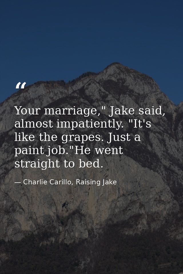 Your marriage," Jake said, almost impatiently. "It's like the grapes. Just a paint job."He went straight to bed. — Charlie Carillo, Raising Jake
