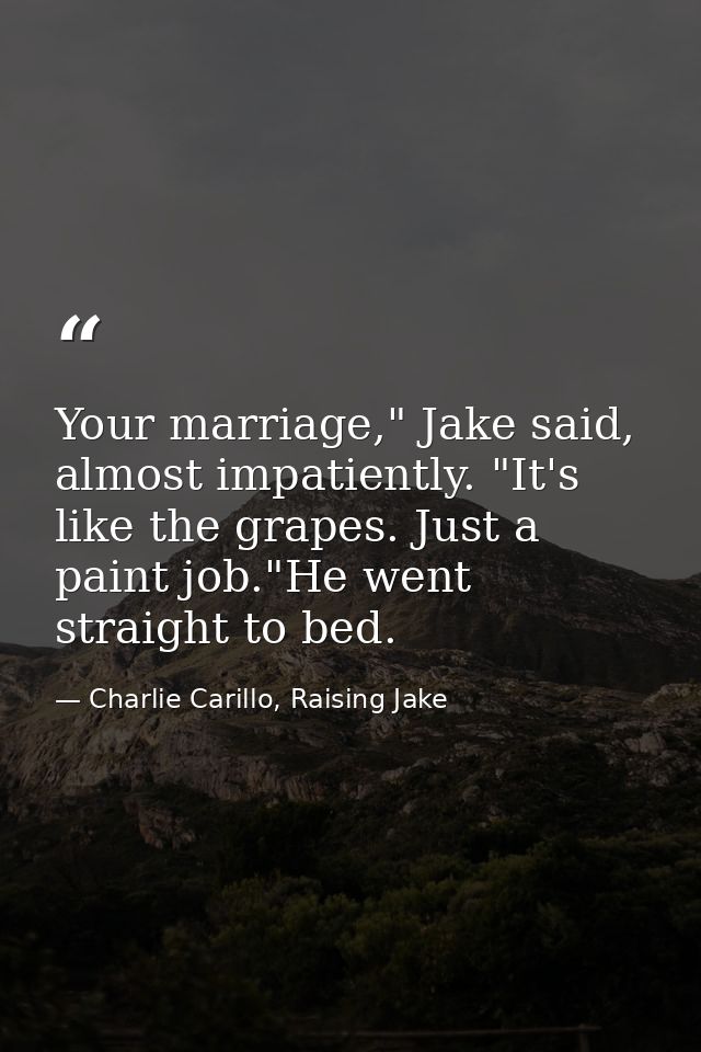 Your marriage," Jake said, almost impatiently. "It's like the grapes. Just a paint job."He went straight to bed. — Charlie Carillo, Raising Jake