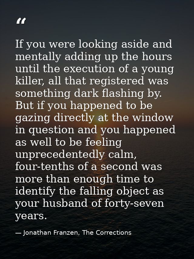 If you were looking aside and mentally adding up the hours until the execution of a young killer, all that registered wa — Jonathan Franzen, The Corrections