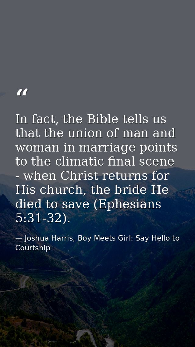 In fact, the Bible tells us that the union of man and woman in marriage points to the climatic final scene - when Christ — Joshua Harris, Boy Meets Girl: Say Hello to Courtship