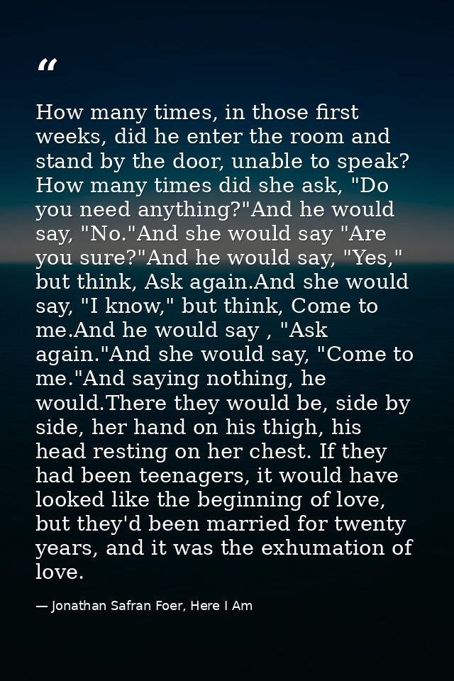 How many times, in those first weeks, did he enter the room and stand by the door, unable to speak? How many times did s — Jonathan Safran Foer, Here I Am