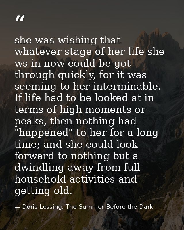she was wishing that whatever stage of her life she ws in now could be got through quickly, for it was seeming to her in — Doris Lessing, The Summer Before the Dark