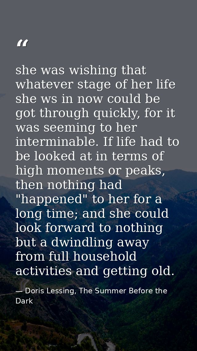she was wishing that whatever stage of her life she ws in now could be got through quickly, for it was seeming to her in — Doris Lessing, The Summer Before the Dark