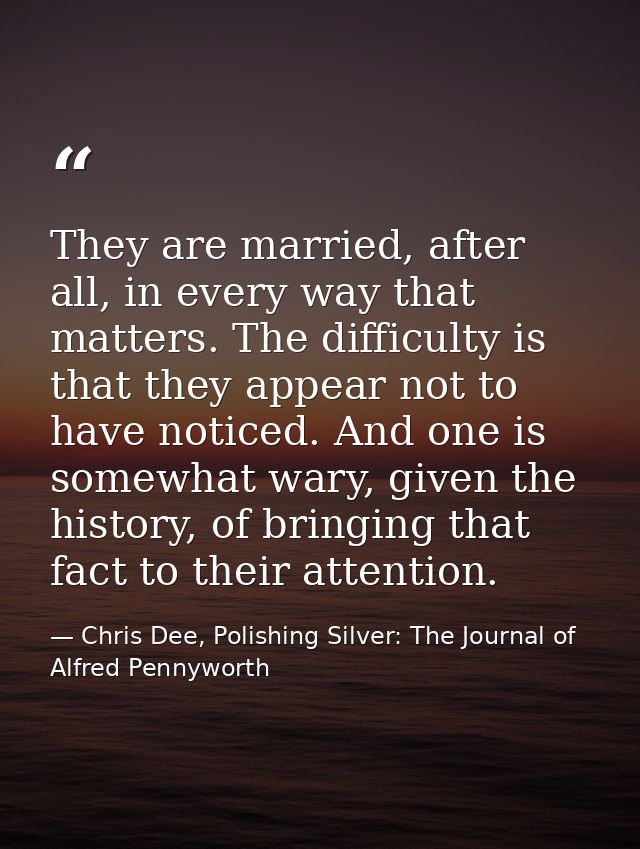 They are married, after all, in every way that matters. The difficulty is that they appear not to have noticed. And one  — Chris Dee, Polishing Silver: The Journal of Alfred Pennyworth