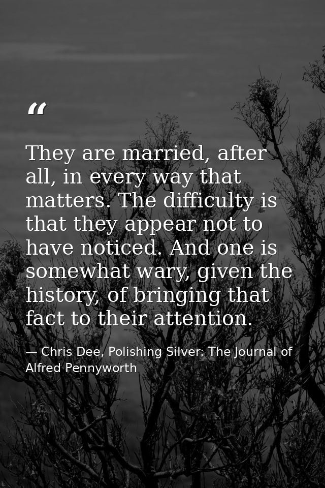 They are married, after all, in every way that matters. The difficulty is that they appear not to have noticed. And one  — Chris Dee, Polishing Silver: The Journal of Alfred Pennyworth