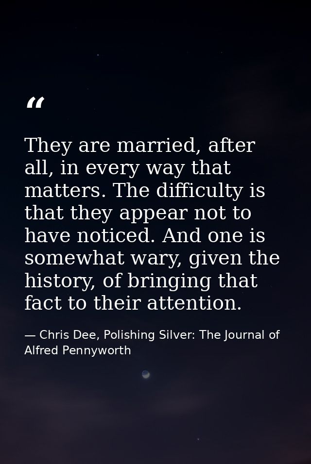 They are married, after all, in every way that matters. The difficulty is that they appear not to have noticed. And one  — Chris Dee, Polishing Silver: The Journal of Alfred Pennyworth
