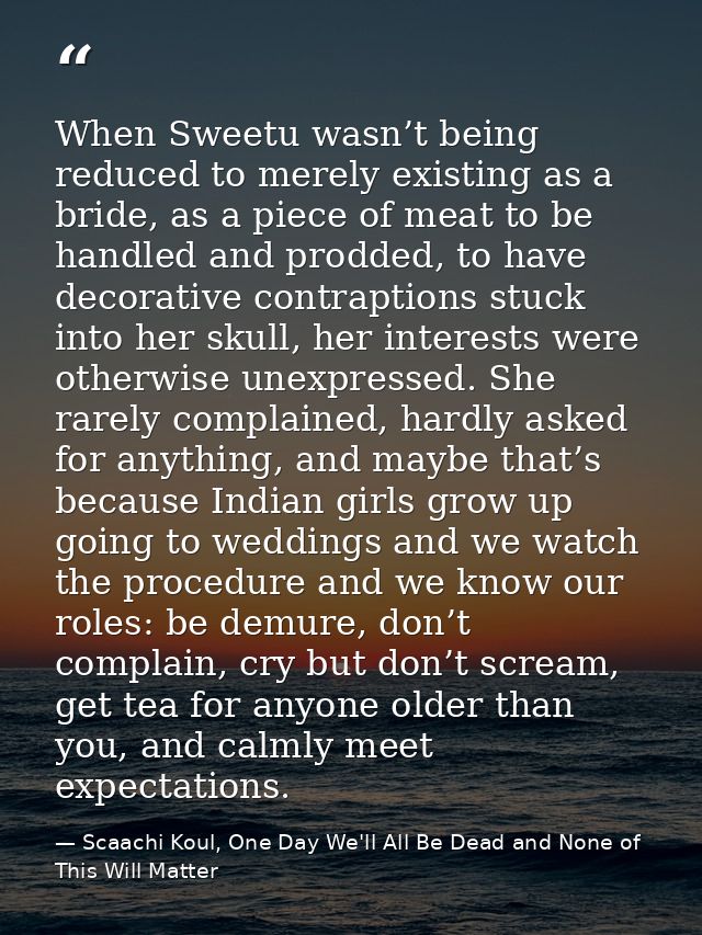 When Sweetu wasn’t being reduced to merely existing as a bride, as a piece of meat to be handled and prodded, to have de — Scaachi Koul, One Day We'll All Be Dead and None of This Will Matter