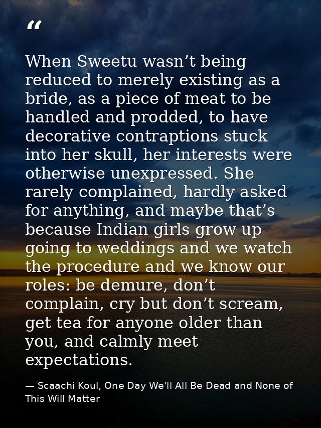 When Sweetu wasn’t being reduced to merely existing as a bride, as a piece of meat to be handled and prodded, to have de — Scaachi Koul, One Day We'll All Be Dead and None of This Will Matter