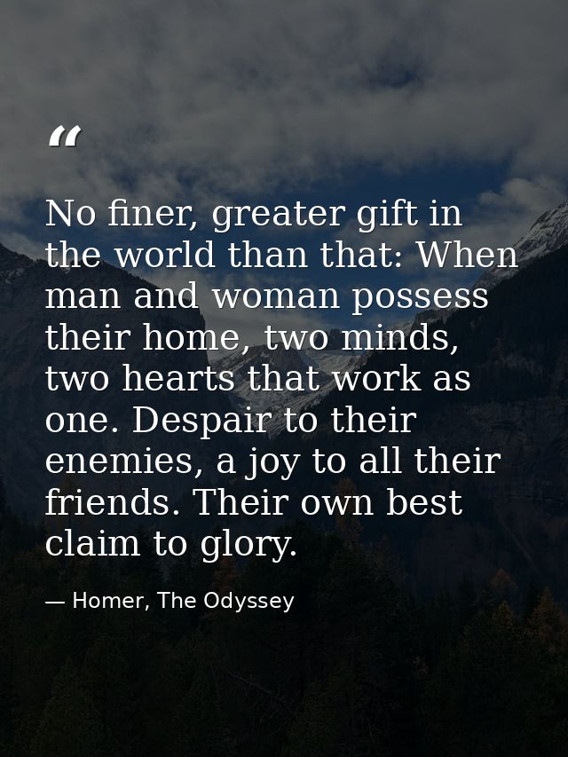 No finer, greater gift in the world than that: When man and woman possess their home, two minds, two hearts that work as — Homer, The Odyssey