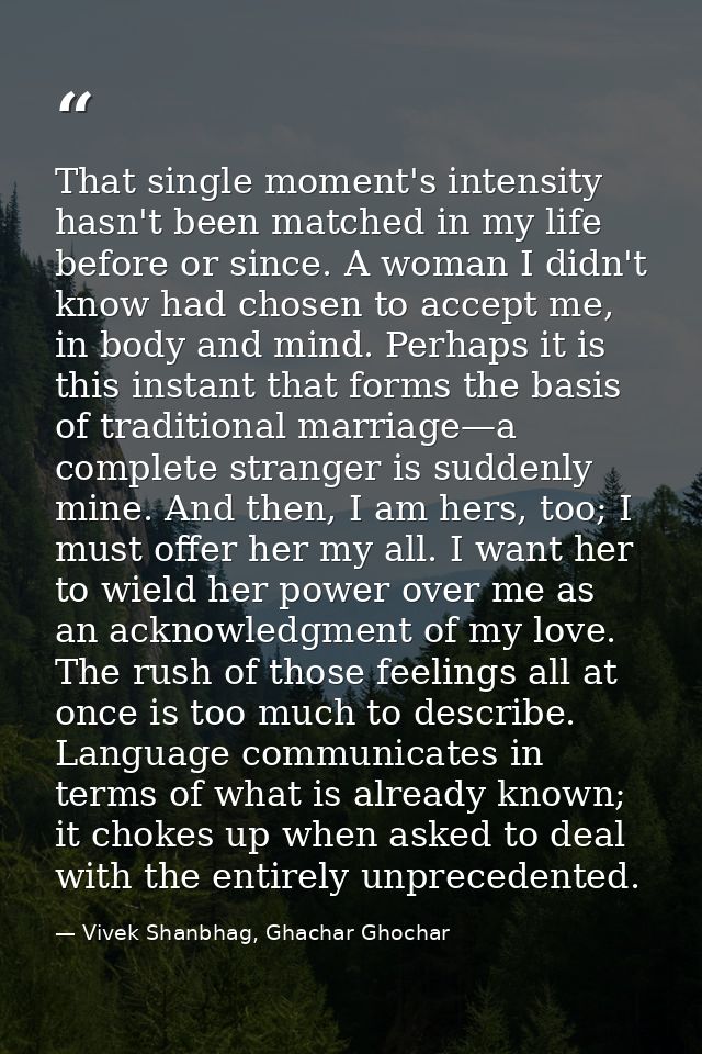 That single moment's intensity hasn't been matched in my life before or since. A woman I didn't know had chosen to accep — Vivek Shanbhag, Ghachar Ghochar