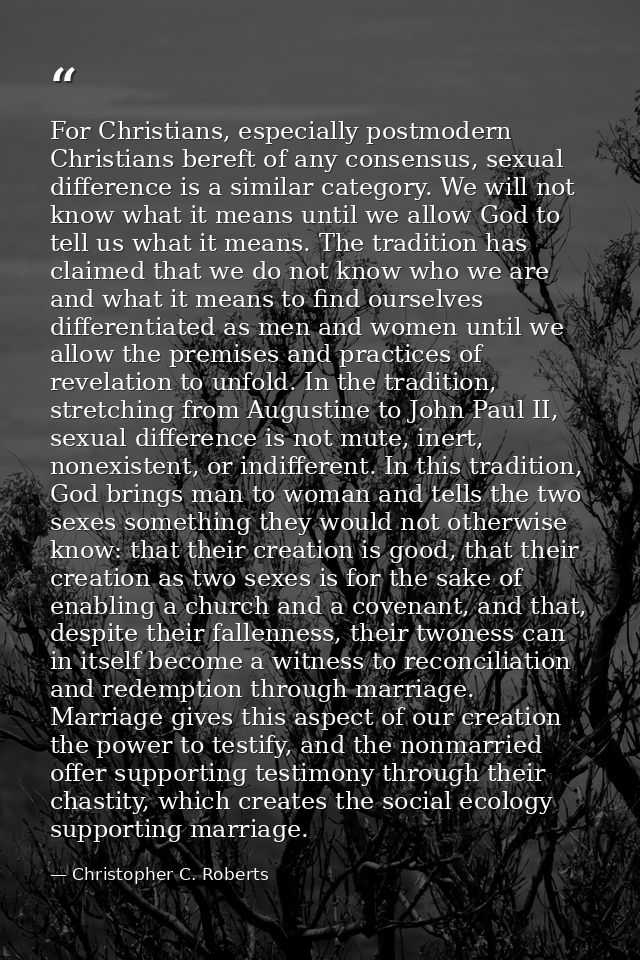For Christians, especially postmodern Christians bereft of any consensus, sexual difference is a similar category. We wi — Christopher C. Roberts