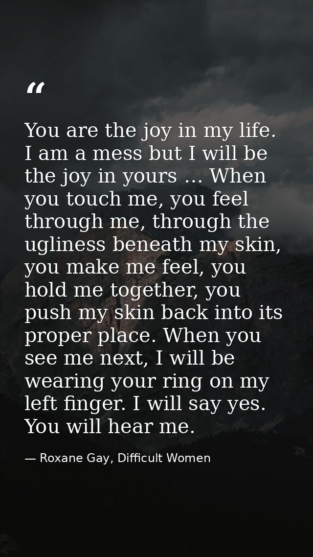 You are the joy in my life. I am a mess but I will be the joy in yours … When you touch me, you feel through me, through — Roxane Gay, Difficult Women