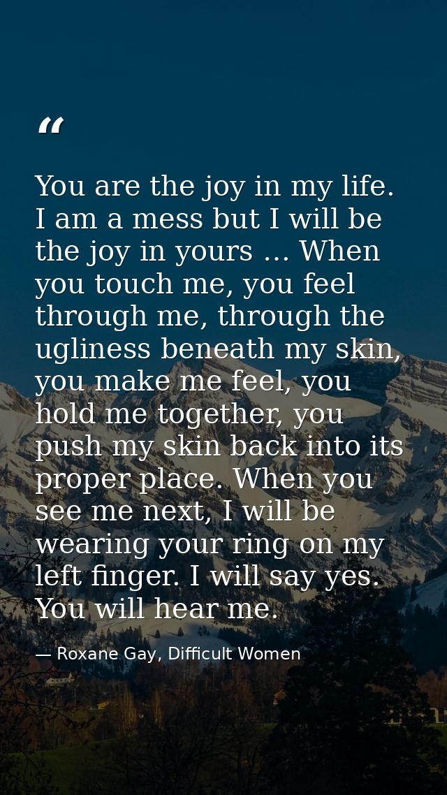 You are the joy in my life. I am a mess but I will be the joy in yours … When you touch me, you feel through me, through — Roxane Gay, Difficult Women