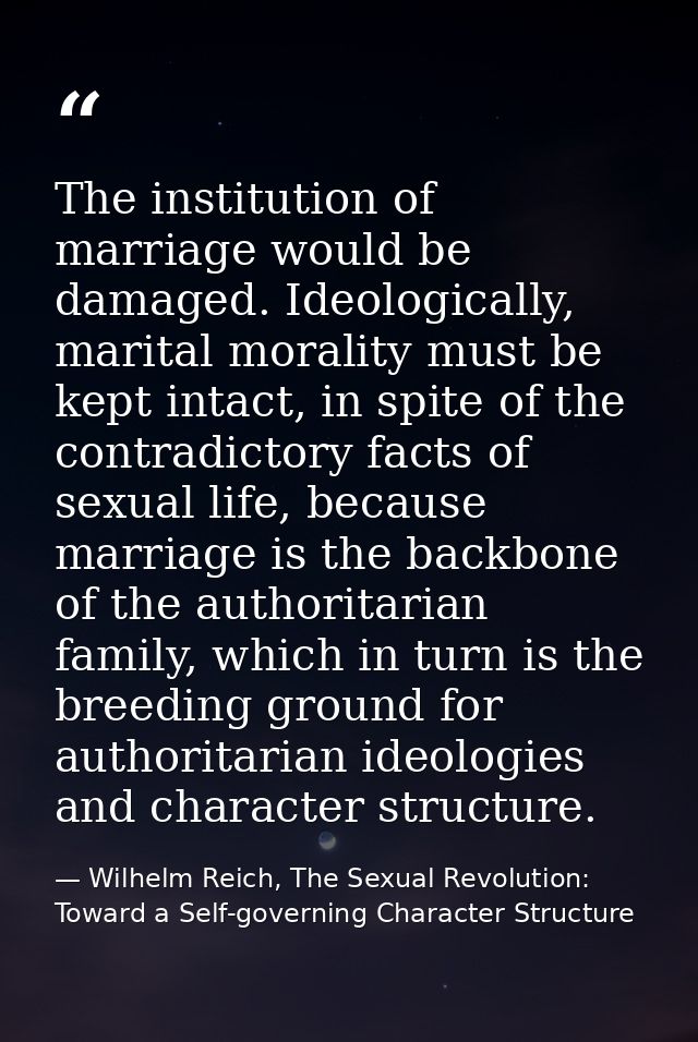 The institution of marriage would be damaged. Ideologically, marital morality must be kept intact, in spite of the contr — Wilhelm Reich, The Sexual Revolution: Toward a Self-governing Character Structure