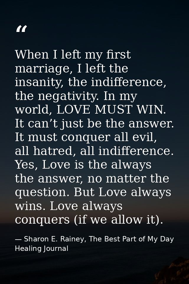When I left my first marriage, I left the insanity, the indifference, the negativity. In my world, LOVE MUST WIN. It can — Sharon E. Rainey, The Best Part of My Day Healing Journal