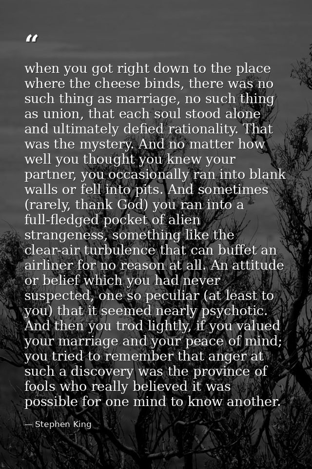 when you got right down to the place where the cheese binds, there was no such thing as marriage, no such thing as union — Stephen King