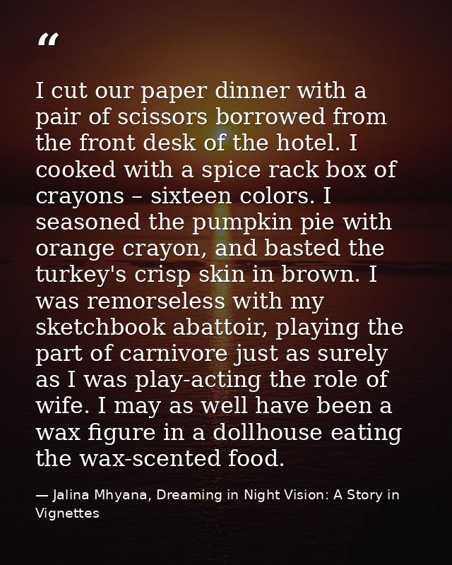 I cut our paper dinner with a pair of scissors borrowed from the front desk of the hotel. I cooked with a spice rack box — Jalina Mhyana, Dreaming in Night Vision: A Story in Vignettes