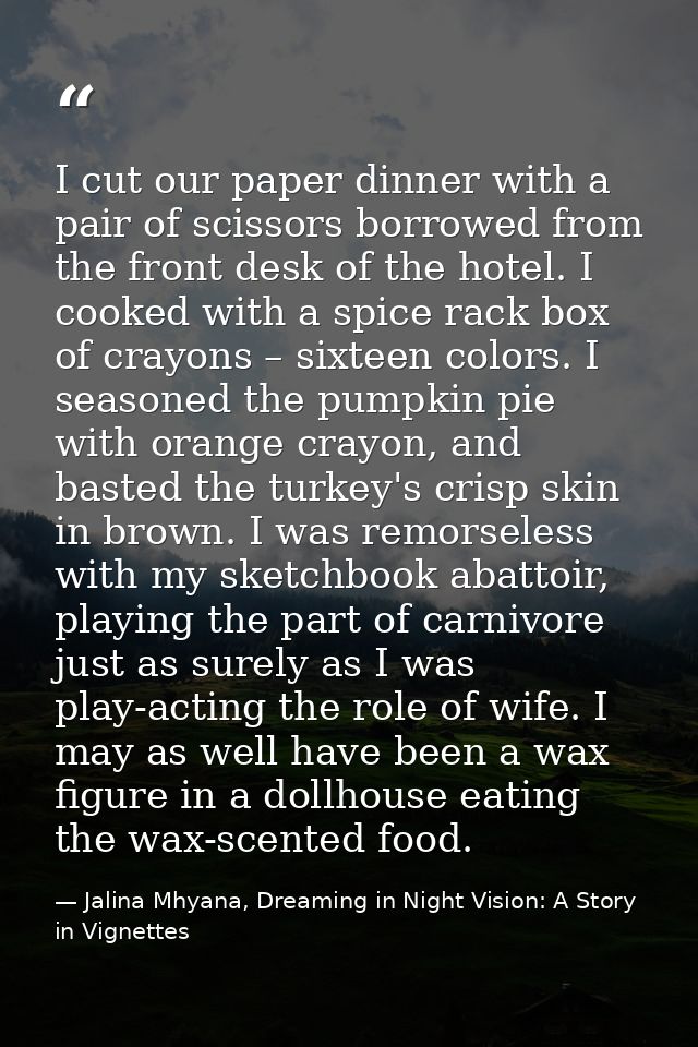 I cut our paper dinner with a pair of scissors borrowed from the front desk of the hotel. I cooked with a spice rack box — Jalina Mhyana, Dreaming in Night Vision: A Story in Vignettes