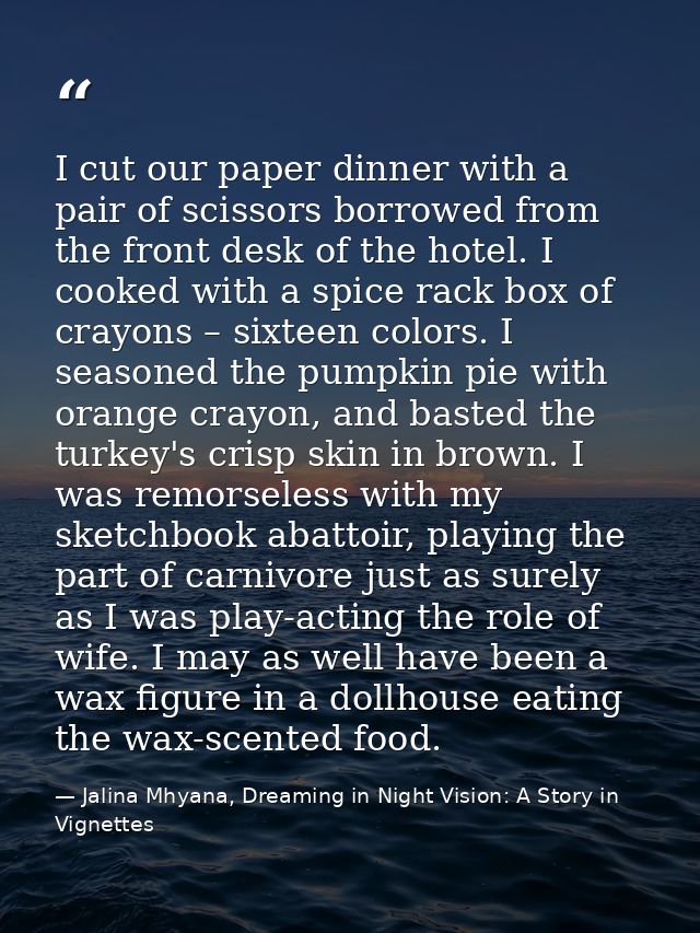 I cut our paper dinner with a pair of scissors borrowed from the front desk of the hotel. I cooked with a spice rack box — Jalina Mhyana, Dreaming in Night Vision: A Story in Vignettes