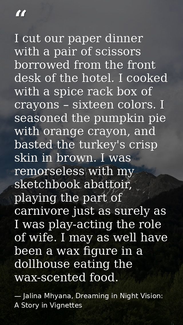 I cut our paper dinner with a pair of scissors borrowed from the front desk of the hotel. I cooked with a spice rack box — Jalina Mhyana, Dreaming in Night Vision: A Story in Vignettes