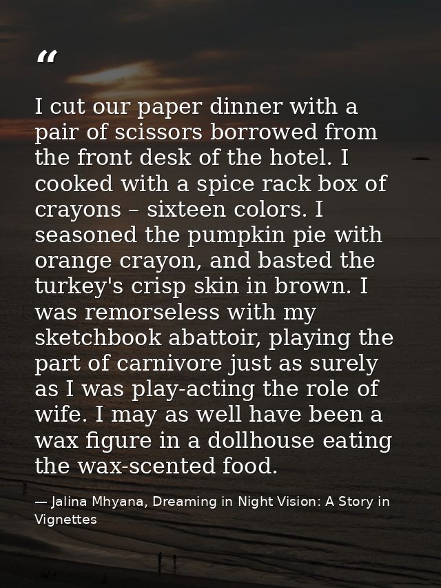 I cut our paper dinner with a pair of scissors borrowed from the front desk of the hotel. I cooked with a spice rack box — Jalina Mhyana, Dreaming in Night Vision: A Story in Vignettes