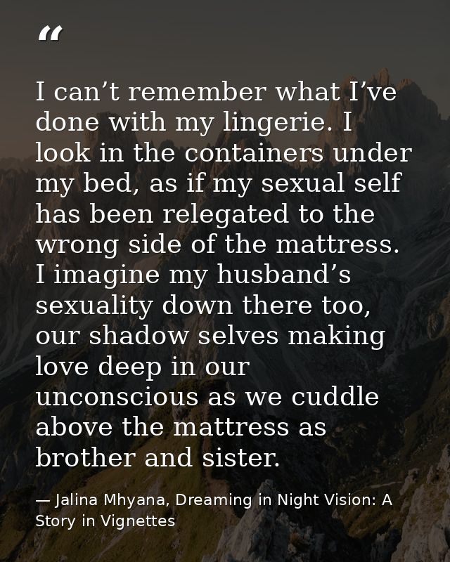I can’t remember what I’ve done with my lingerie. I look in the containers under my bed, as if my sexual self has been r — Jalina Mhyana, Dreaming in Night Vision: A Story in Vignettes