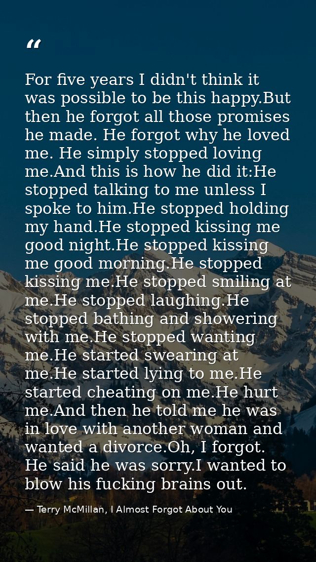For five years I didn't think it was possible to be this happy.But then he forgot all those promises he made. He forgot  — Terry McMillan, I Almost Forgot About You