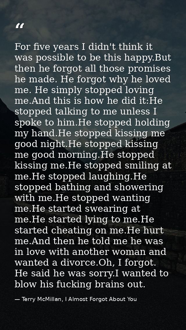 For five years I didn't think it was possible to be this happy.But then he forgot all those promises he made. He forgot  — Terry McMillan, I Almost Forgot About You