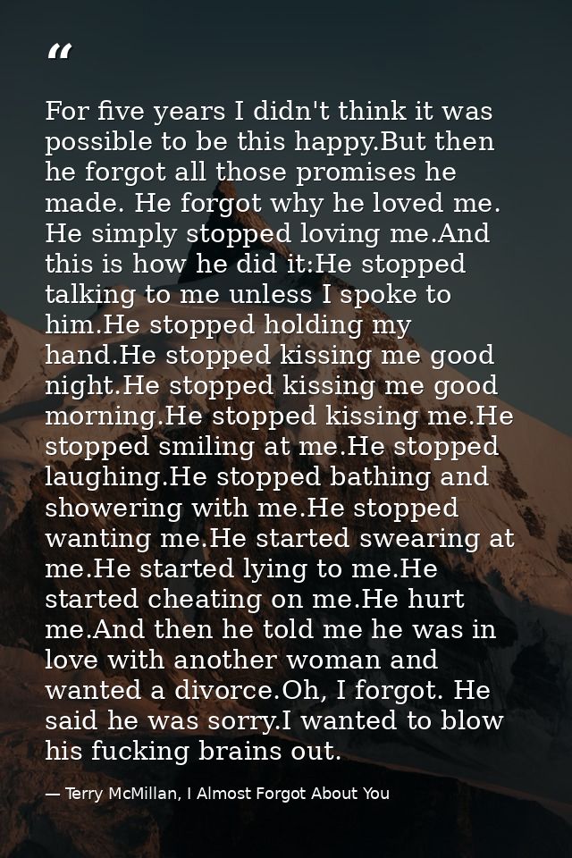 For five years I didn't think it was possible to be this happy.But then he forgot all those promises he made. He forgot  — Terry McMillan, I Almost Forgot About You