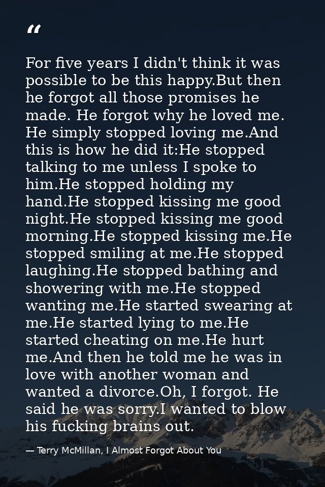 For five years I didn't think it was possible to be this happy.But then he forgot all those promises he made. He forgot  — Terry McMillan, I Almost Forgot About You