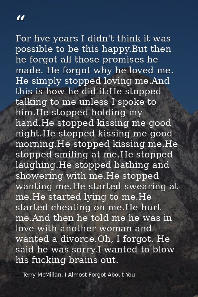 For five years I didn't think it was possible to be this happy.But then he forgot all those promises he made. He forgot  — Terry McMillan, I Almost Forgot About You
