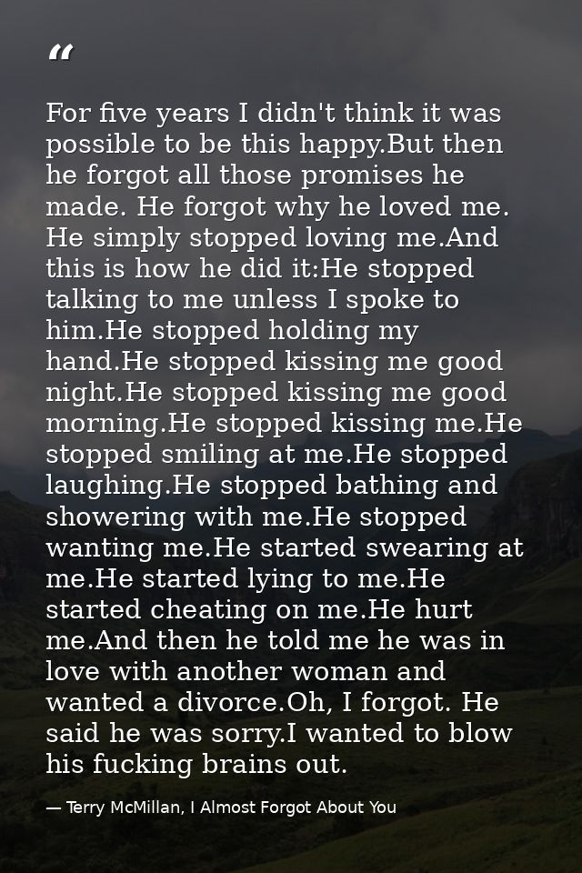 For five years I didn't think it was possible to be this happy.But then he forgot all those promises he made. He forgot  — Terry McMillan, I Almost Forgot About You