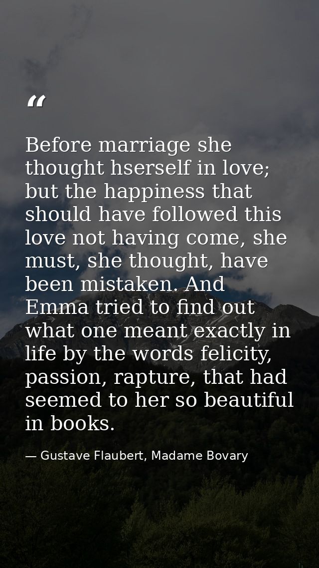 Before marriage she thought hserself in love; but the happiness that should have followed this love not having come, she — Gustave Flaubert, Madame Bovary