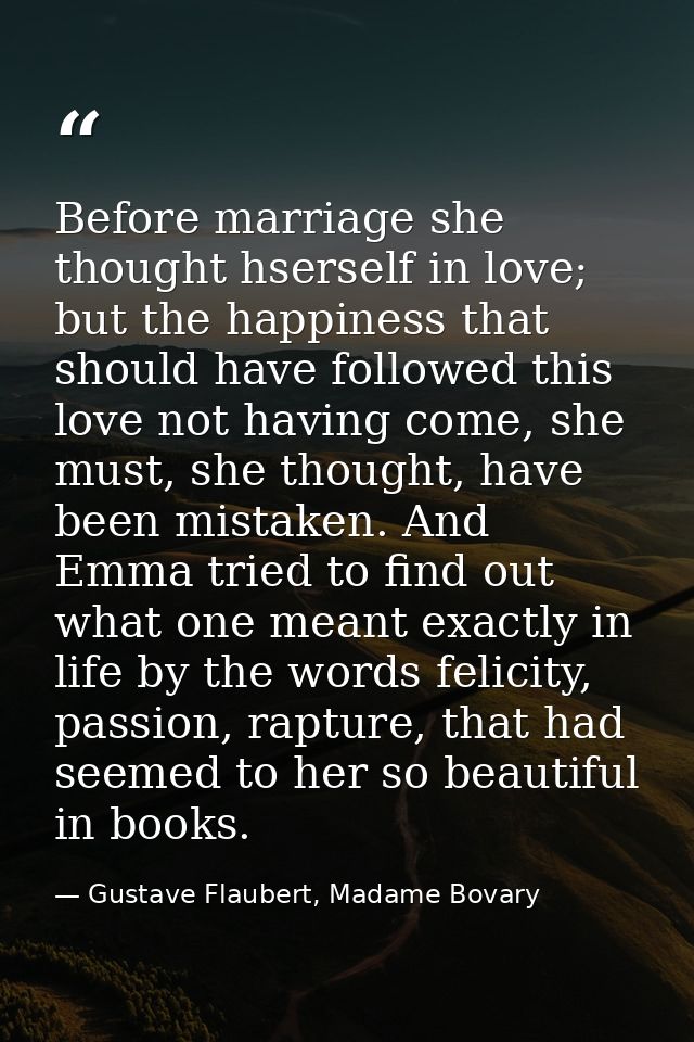 Before marriage she thought hserself in love; but the happiness that should have followed this love not having come, she — Gustave Flaubert, Madame Bovary