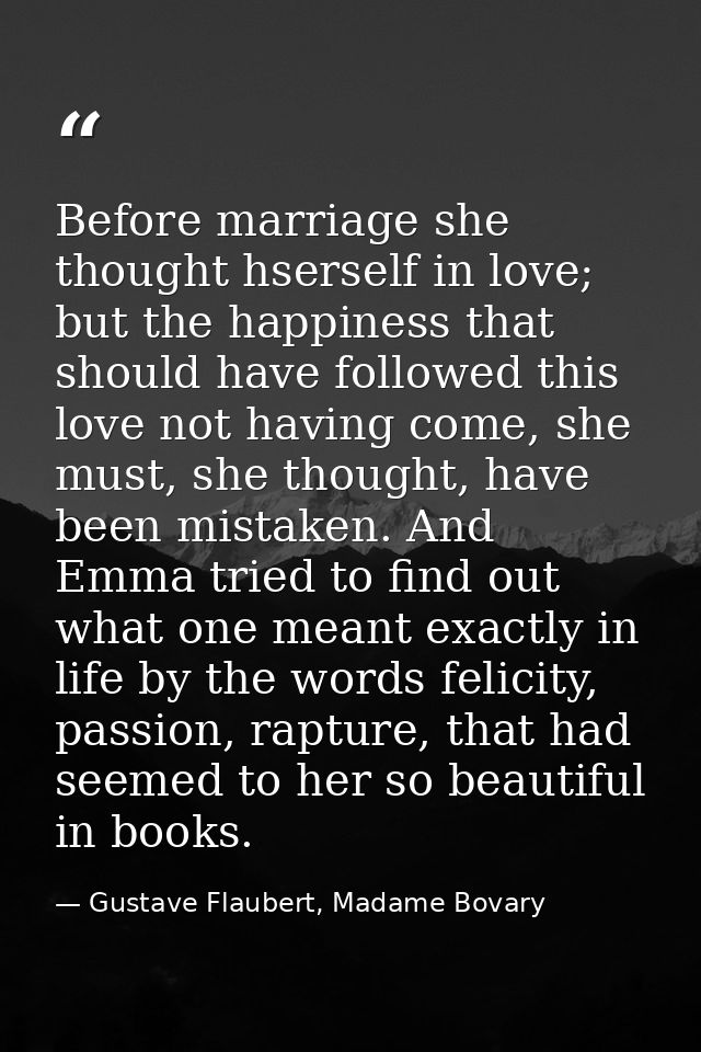 Before marriage she thought hserself in love; but the happiness that should have followed this love not having come, she — Gustave Flaubert, Madame Bovary
