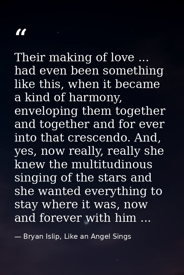 Their making of love ... had even been something like this, when it became a kind of harmony, enveloping them together a — Bryan Islip, Like an Angel Sings