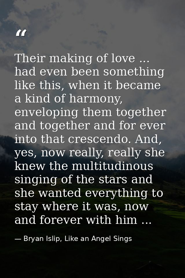 Their making of love ... had even been something like this, when it became a kind of harmony, enveloping them together a — Bryan Islip, Like an Angel Sings