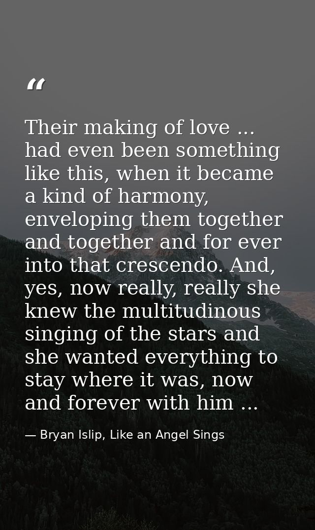 Their making of love ... had even been something like this, when it became a kind of harmony, enveloping them together a — Bryan Islip, Like an Angel Sings