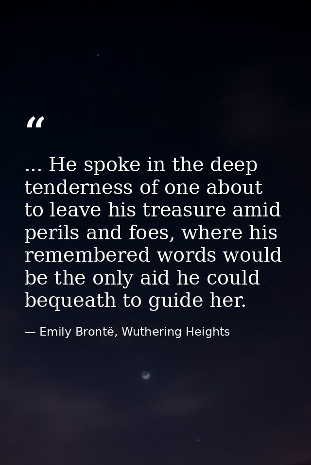... He spoke in the deep tenderness of one about to leave his treasure amid perils and foes, where his remembered words  — Emily Brontë, Wuthering Heights