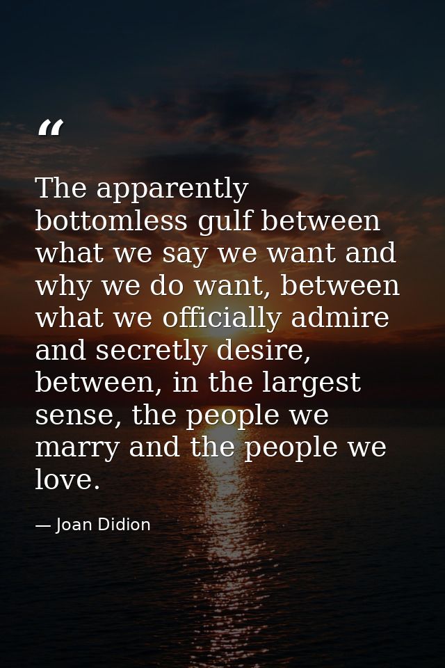 The apparently bottomless gulf between what we say we want and why we do want, between what we officially admire and sec — Joan Didion