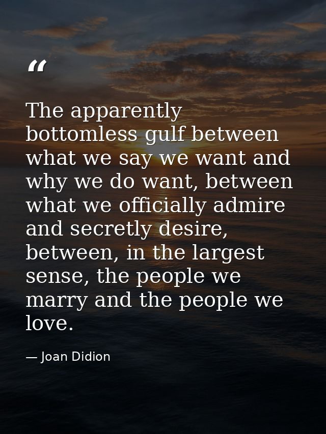 The apparently bottomless gulf between what we say we want and why we do want, between what we officially admire and sec — Joan Didion