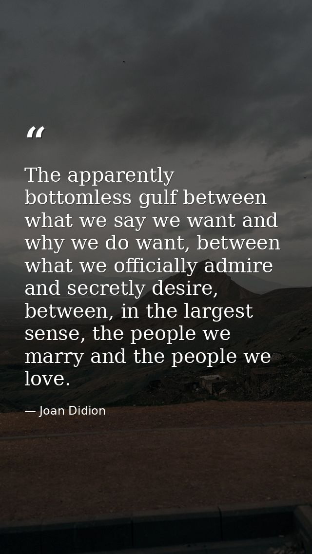 The apparently bottomless gulf between what we say we want and why we do want, between what we officially admire and sec — Joan Didion