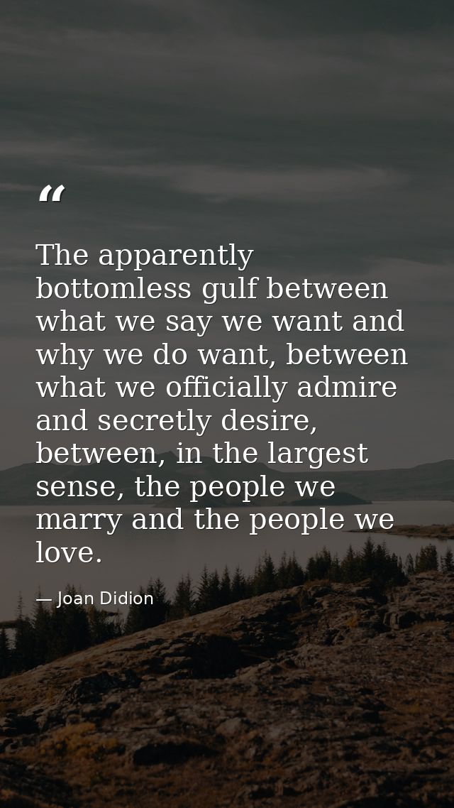 The apparently bottomless gulf between what we say we want and why we do want, between what we officially admire and sec — Joan Didion