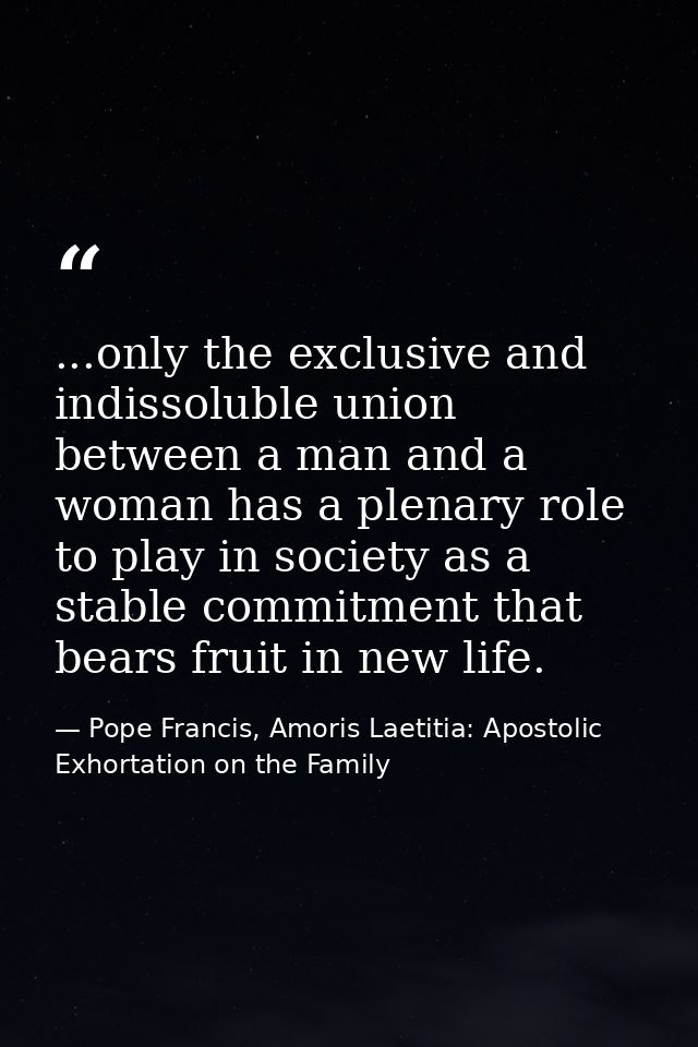 ...only the exclusive and indissoluble union between a man and a woman has a plenary role to play in society as a stable — Pope Francis, Amoris Laetitia: Apostolic Exhortation on the Family