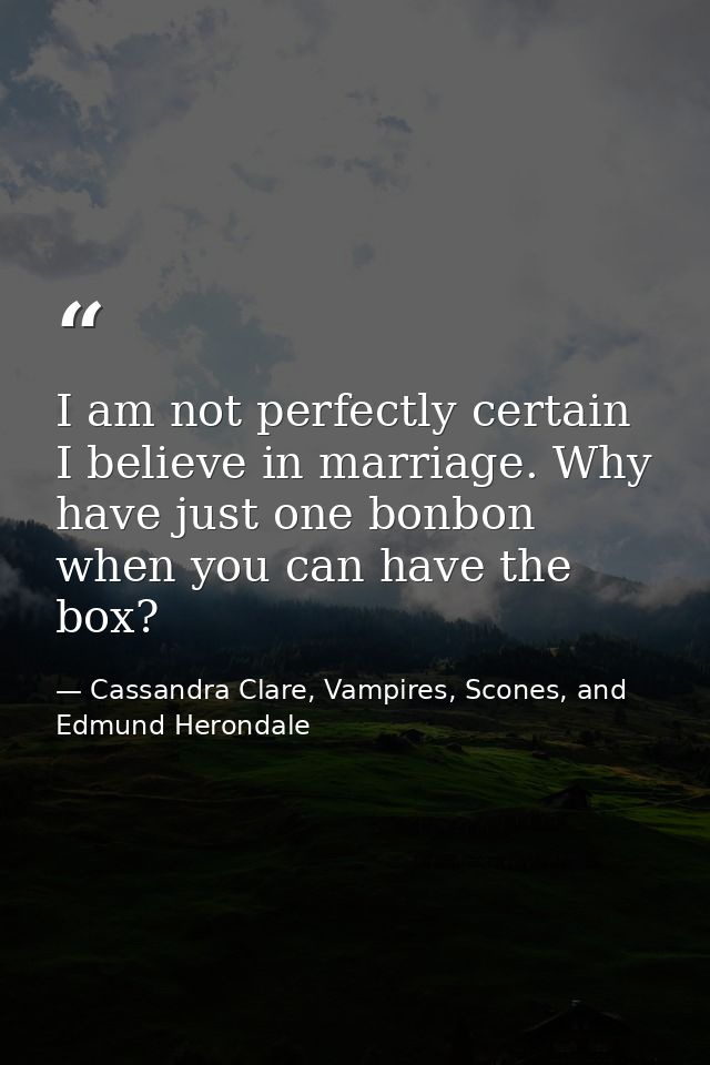 I am not perfectly certain I believe in marriage. Why have just one bonbon when you can have the box? — Cassandra Clare, Vampires, Scones, and Edmund Herondale
