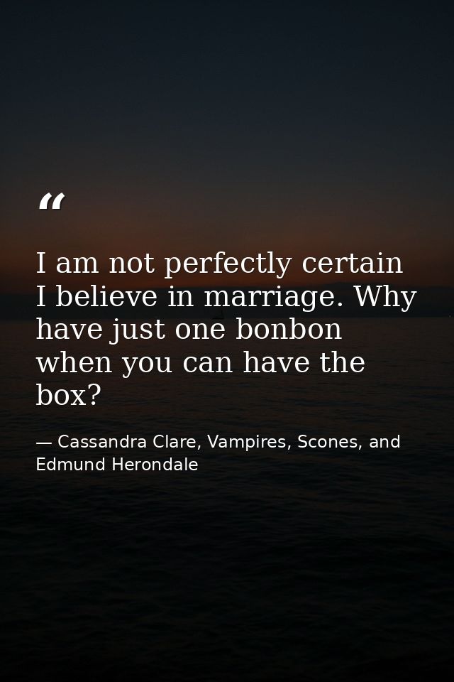 I am not perfectly certain I believe in marriage. Why have just one bonbon when you can have the box? — Cassandra Clare, Vampires, Scones, and Edmund Herondale