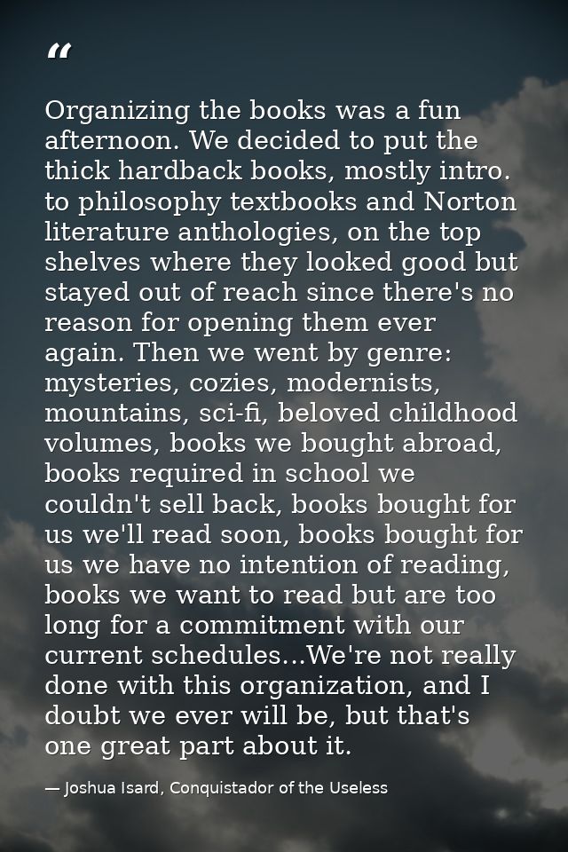 Organizing the books was a fun afternoon. We decided to put the thick hardback books, mostly intro. to philosophy textbo — Joshua Isard, Conquistador of the Useless