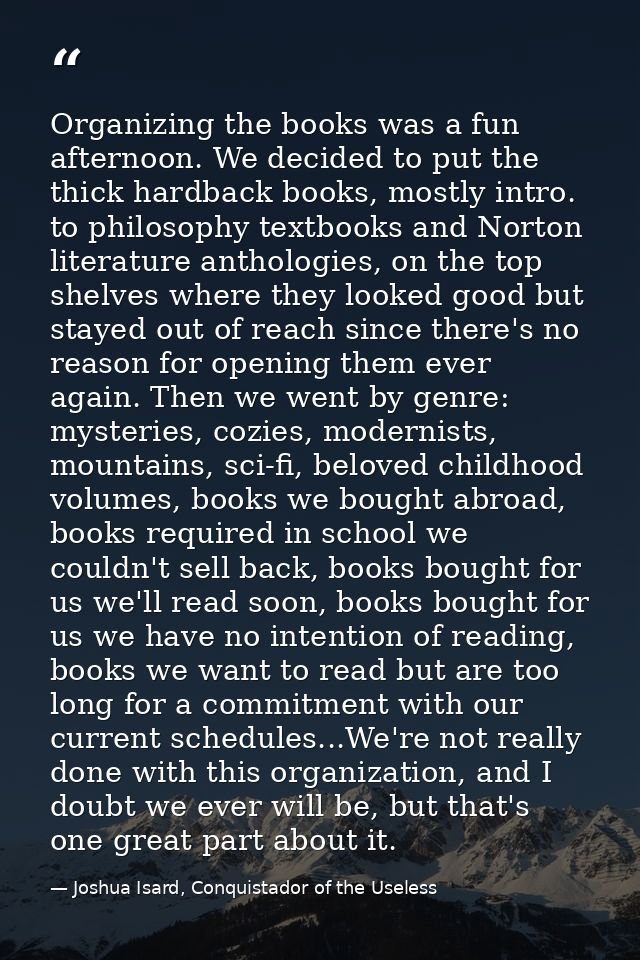 Organizing the books was a fun afternoon. We decided to put the thick hardback books, mostly intro. to philosophy textbo — Joshua Isard, Conquistador of the Useless