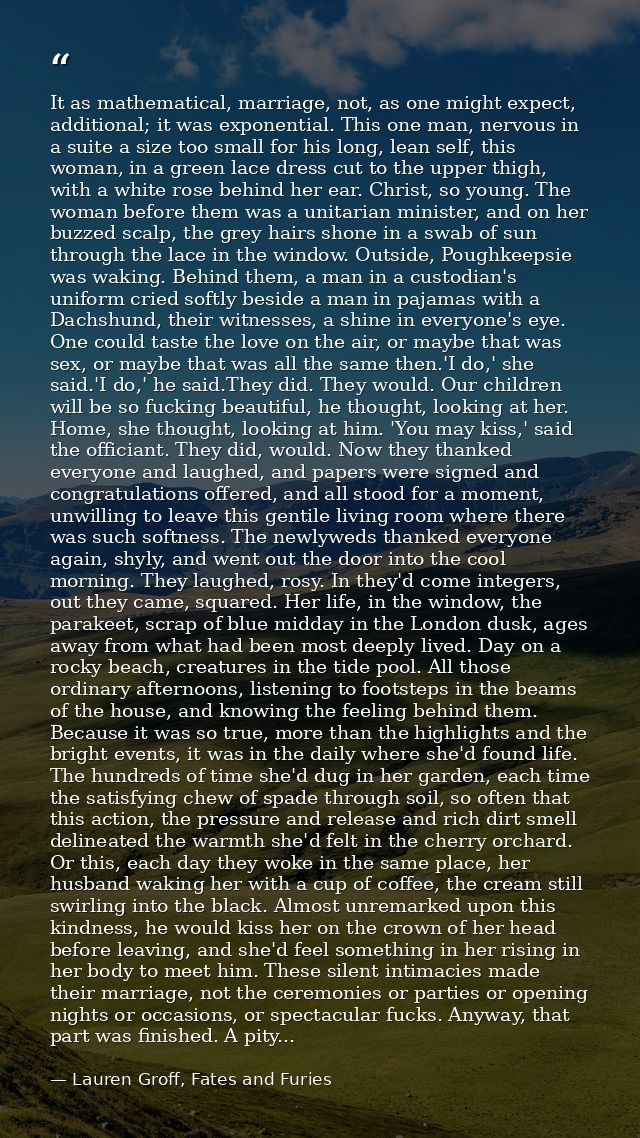 It as mathematical, marriage, not, as one might expect, additional; it was exponential. This one man, nervous in a suite — Lauren Groff, Fates and Furies
