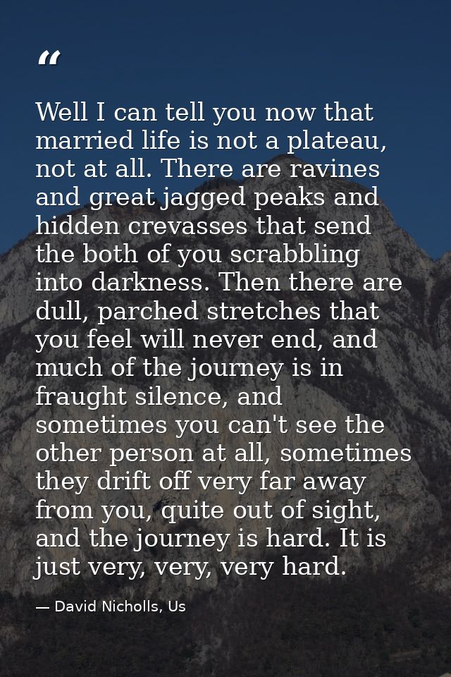 Well I can tell you now that married life is not a plateau, not at all. There are ravines and great jagged peaks and hid — David Nicholls, Us